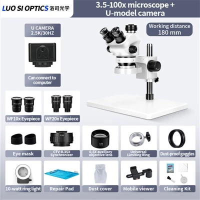SZM7050 Trinokularowy mikroskop stereoskopowy z zoomem 3,5X-100X z aparatem cyfrowym USB 2,5K Stojak na kolumnę do naprawy PCB i na poziomie chipa